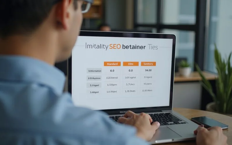 A tier comparison of SEO retainer packages from standard to elite with monthly pricing.
