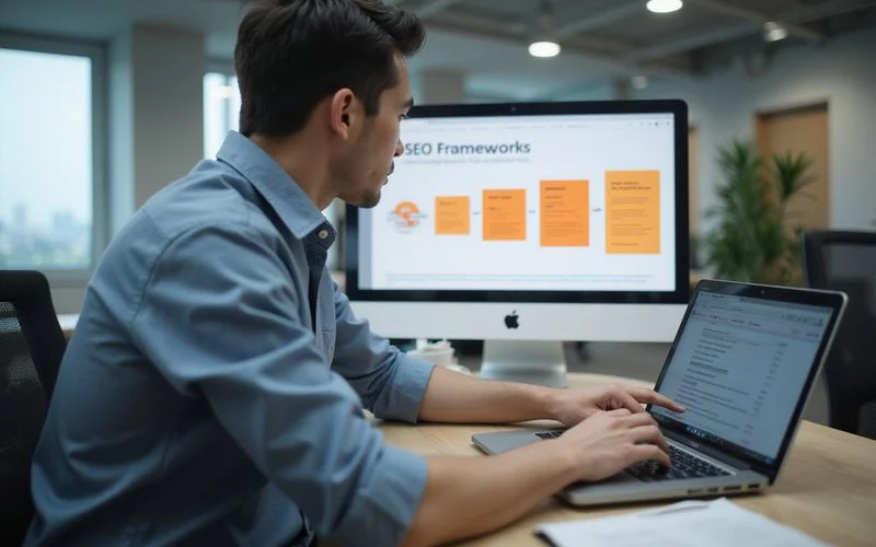 A breakdown of the four stages of the SEO framework with conversion rate optimization highlighted.