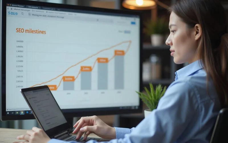 A milestone timeline showing typical SEO progress over three, six, and twelve months.