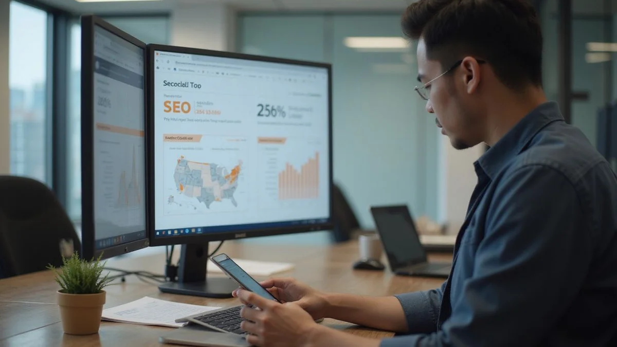 A marketing team reviewing an SEO report that connects organic traffic to revenue and ROI rather than keyword rankings.