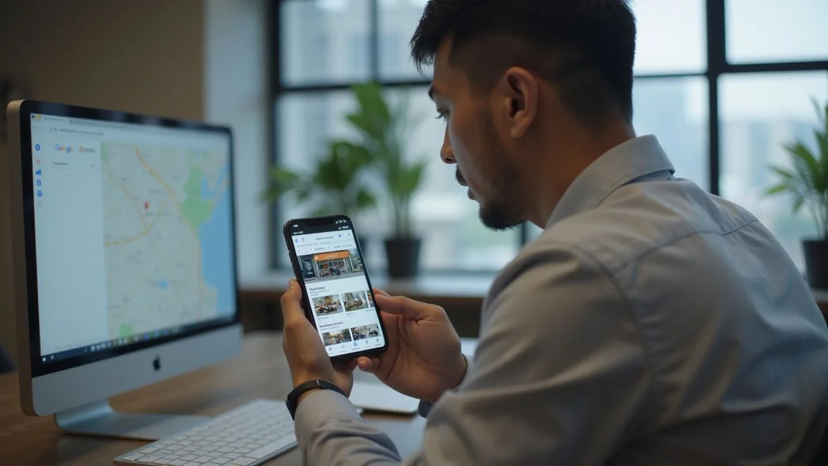 A smartphone showing a Google local pack result with map listings for a nearby business search.