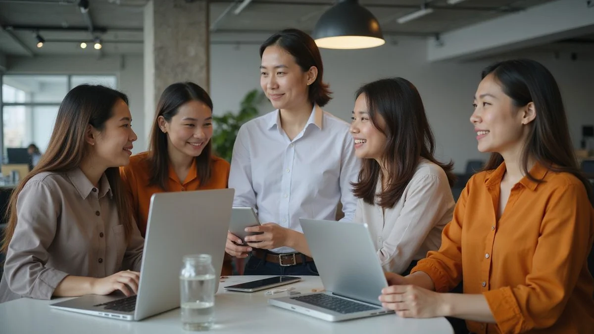 A Malaysian e-commerce team reviewing a 283% revenue growth chart driven by organic SEO.